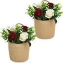 2 Pack Wall Hanging Rope Basket with Artificial Roses Eucalyptus Farmhouse Decor, Jute Basket Floral Arrangement for Entryway Kitchen Bedroom Living Room Home Decorations - Burgundy Champagne