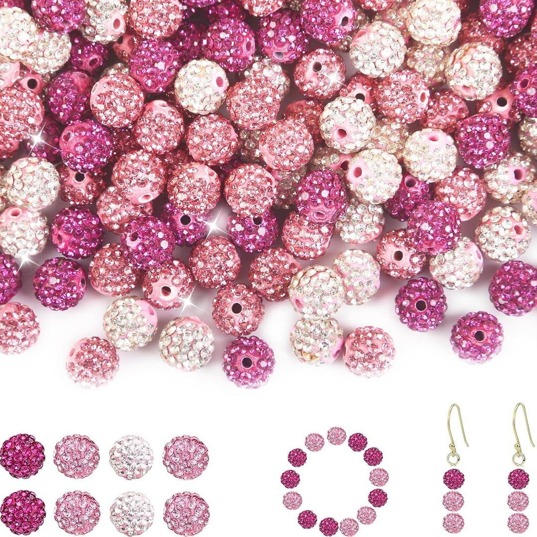 150Pcs Rhinestone Beads 10mm Pink Sparkle Round Shamballa Disco Ball Beads, Shiny Crystal Clay Pave Diamond Rhinestones Bead for Baseball Necklace Bracelet Earring Jewelry Making Party Decoration