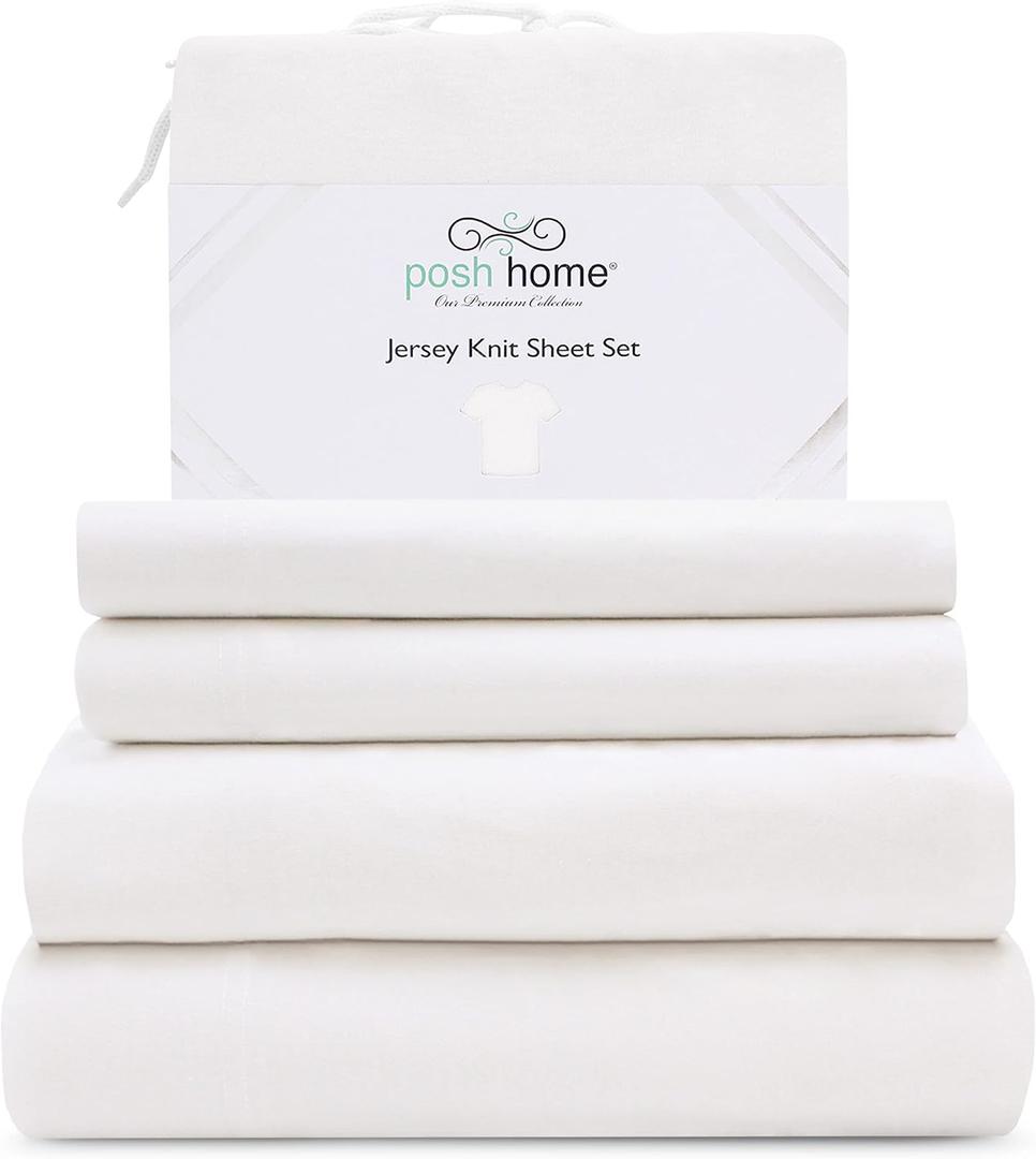 Posh Home Jersey Knit Sheet Set 3-Piece Jersey Cotton Bed Sheets - Breathable, Soft & Comfy - Twin Sheets - White, 1 Pillowcase included