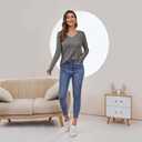 Women's V Neck Pullover Sweater Long Sleeve Soft Knit Lightweight Jumper Tops (Gray, M)