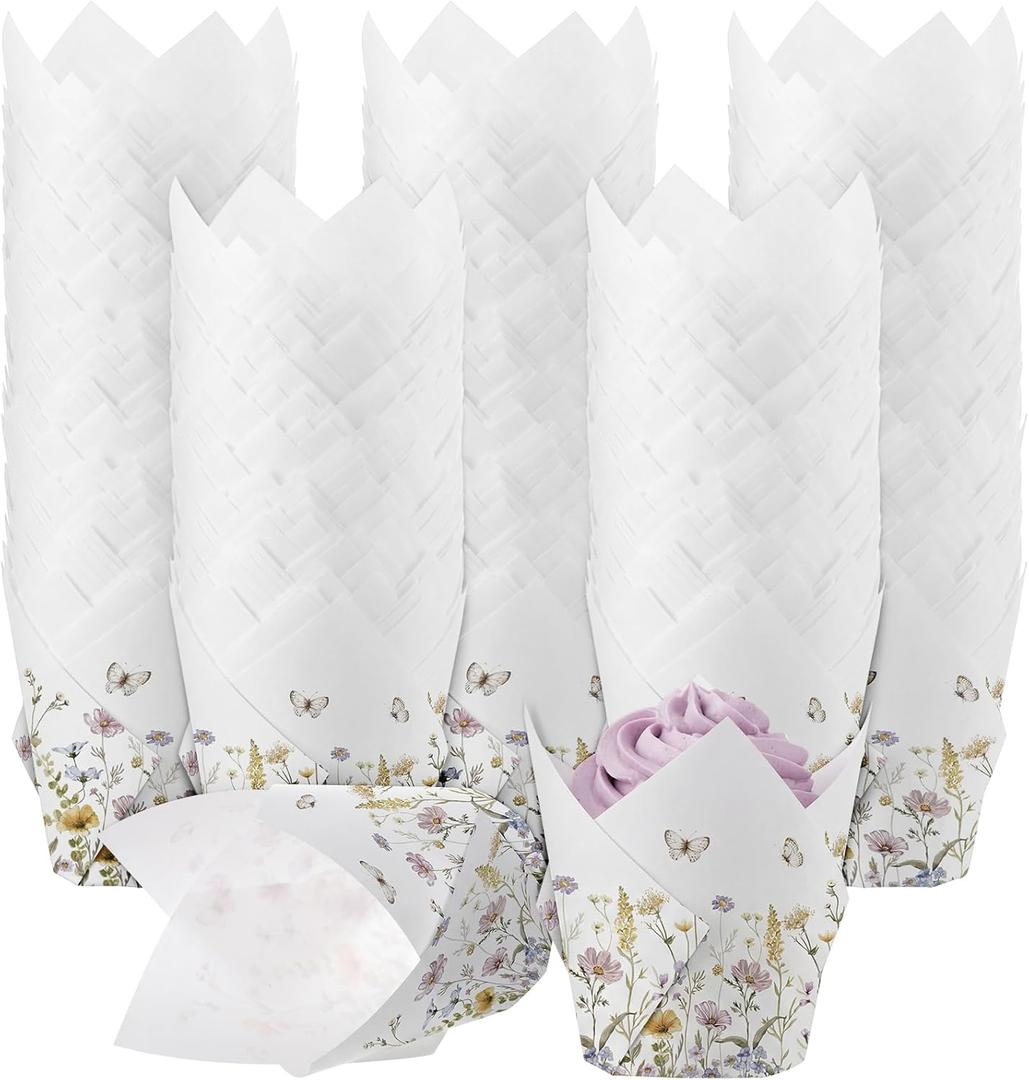 Maxdot 300 Pcs Wildflower Tulip Cupcake Liners for Baking Floral Paper Muffin Baking Cups Flower Tulip Muffin Liners Wrappers for Spring Tea Party Wedding Bridal Shower Party Decor(Fancy Floral)