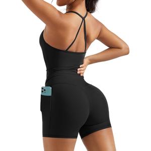 OMKAGI 2 Piece Workout Sets for Women Padded Sports Bra Tank Booty Gym Shorts with Pockets(XL, 284-Black)
