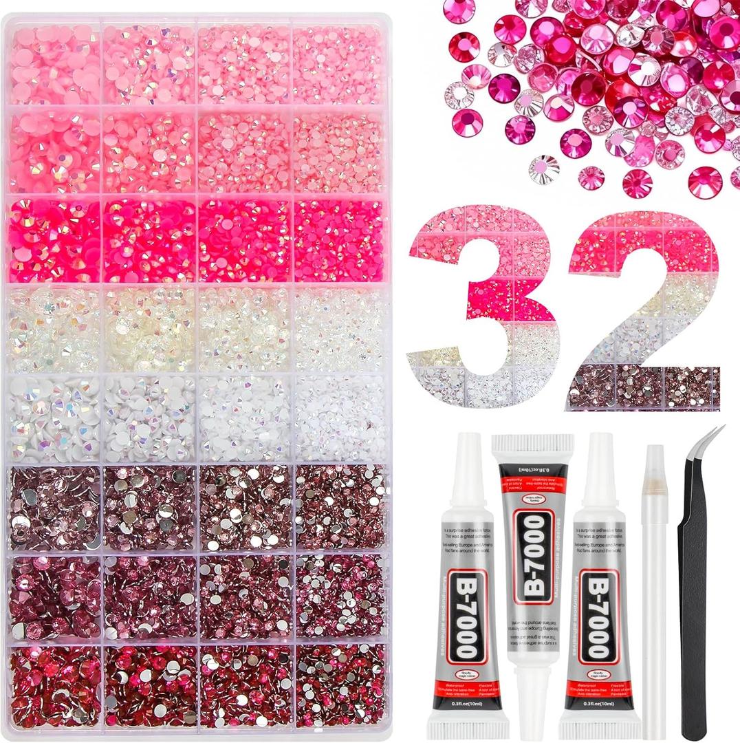 25000Pcs 32 Types Pink Jelly Resin Rhinestones for Bedazzling, Multicolor Flatback Gems for Crafting, Bedazzler Kit with 3Pcs B7000 Jewelry Glue for Clothes Shoes Nail Book Diamond Art (Ultra Large Pack + 3pcs Glue)