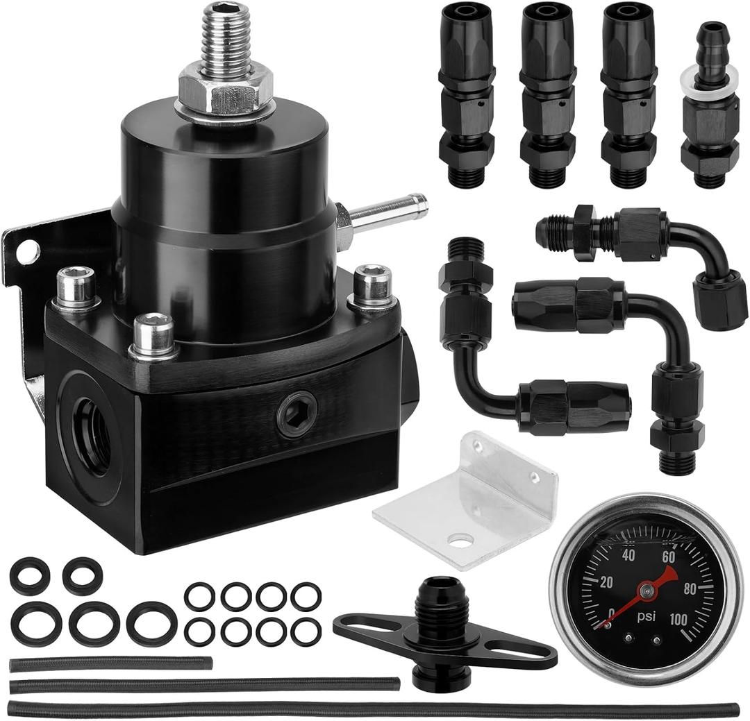Adjustable EFI Fuel Pressure Regulator Kit with Bypass Return, 0-100 PSI Gauge, 6AN Fittings and PTFE Braided Hose Compatible with Gasoline, E85, Ethanol & Methanol Fuels