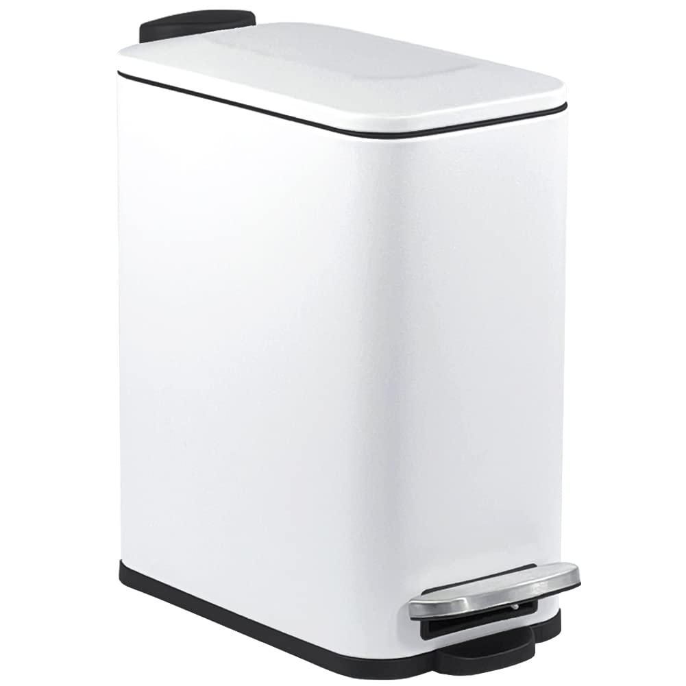 Bathroom Trash Can with Lid Soft-Close, Slim Wastebasket with Foot Pedal, 1.3 Gal Garbage Can with Inner Wastebasket for Bedroom, Office, Kitchen, Anti-Fingerprint Matte Finish (Matte white)