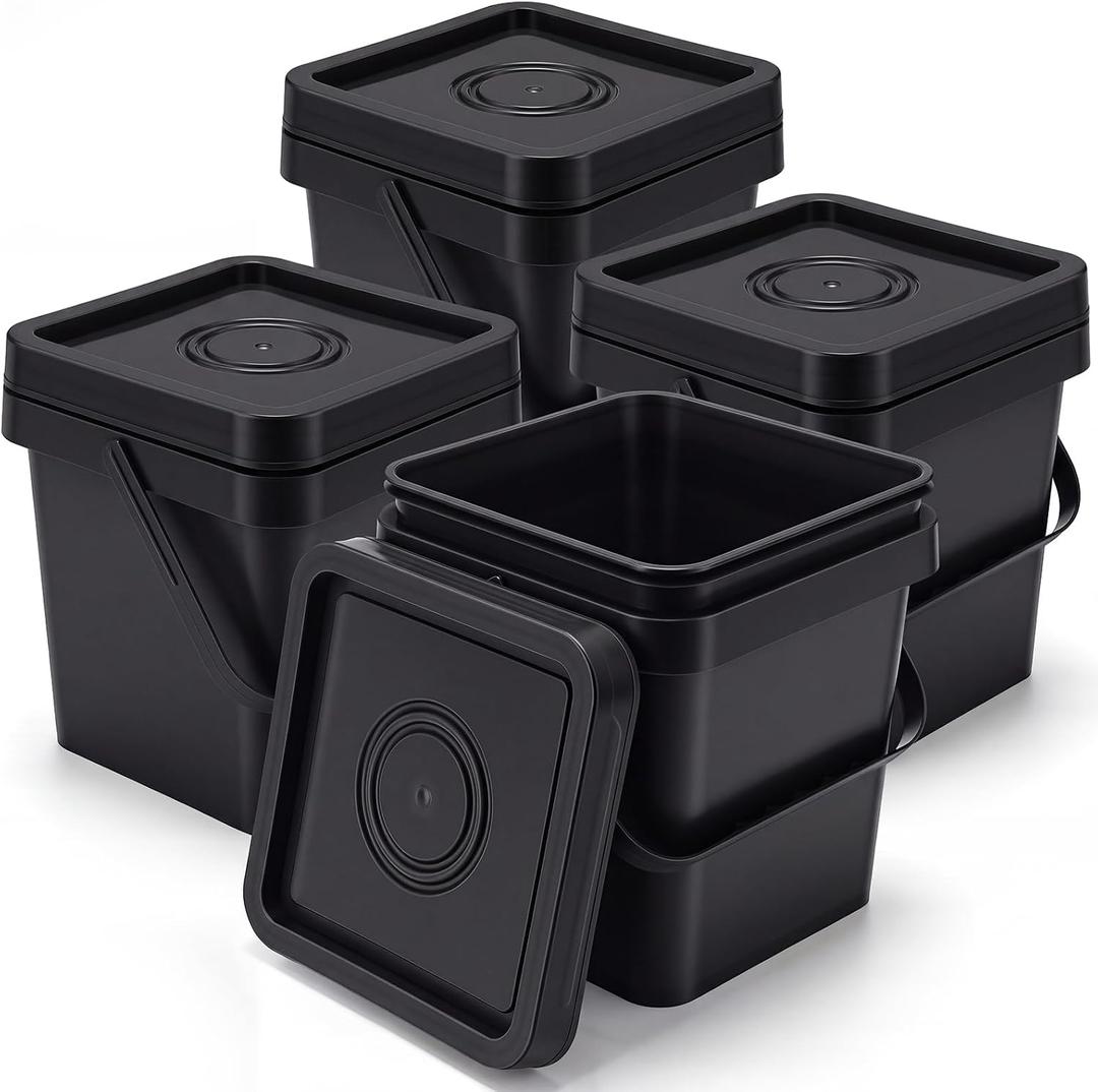 4 Pcs Plastic Bucket with Lid 5 Quart Square Bucket, Black