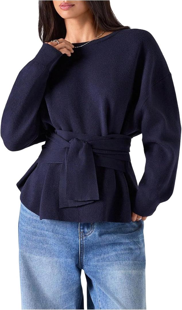 SHENHE Women's Fall Dressy Peplum Sweater Crew Neck Belted Cinched Waist Sweater Pullover (XS,Deep Blue)