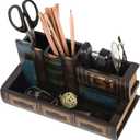 Decorative Pencil and Pen Holder with Storage Drawer, Wooden Desk Organizer Caddy, Antique Library Books Design Pen Cup for Office Supplies, Countertop, Desk,Table (Reddish brown)