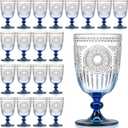 XUWAIDSGN 24Pcs Plastic Vintage Wine Glasses 13.5oz Reusable Embossed Goblet Glasses Blue Gradient Retro Wine Glassware Unbreakable Stemmed Champagne Water Cups for Wine Cocktail Juice Wedding, 3.5"x 6.3"