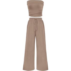 PRETTYGARDEN 2 Piece Sets for Women Spring Summer Outfits | Ribbed Knit Crop Tube Top & Wide Leg Pants,Comfy Matching Lounge Set,Trendy Y2K,Resort Wear,Airport Travel Vacation Outfits (S)
