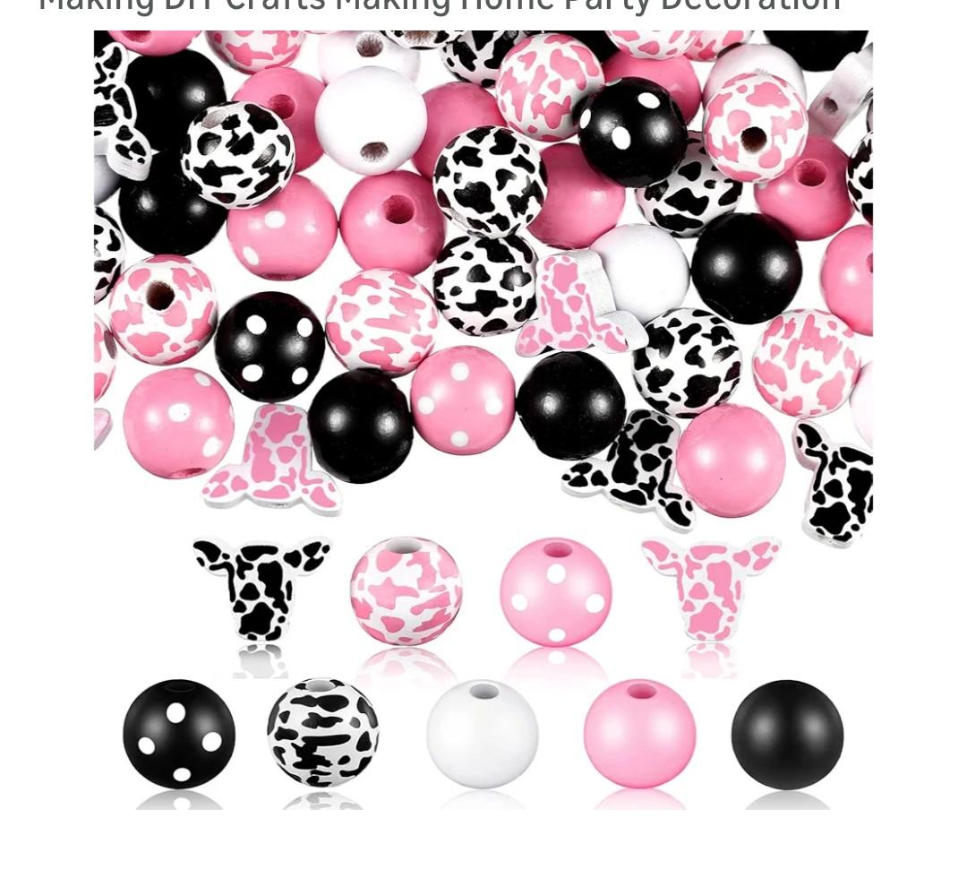 Fabbay 200 Pcs Cow Print Wood Beads 16mm Wood Round and 20mm Flat Wooden Beads Natural Handmade Crafts Polished Spacer Charm for Jewelry Making DIY Crafts Making Home Party Decoration