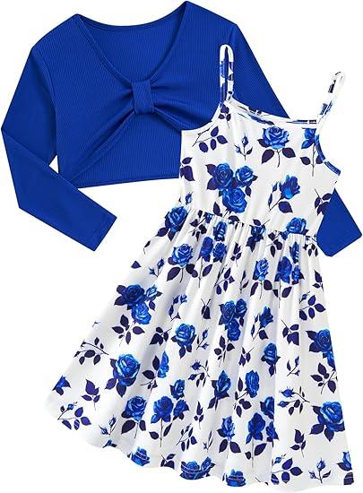 Girl's 2 Piece Outfit Printed Cami Dress with Long Sleeve Bow Crop Cardigan Set for 8 Years  