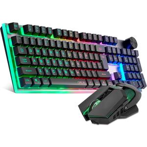 Wireless Gaming Keyboard with knob and Mouse Combo USB Dongle 2.4G Rechargeable 3000mAH Battery RGB Backlit Stainless Panel 4200DPI Side Button Mice for PC Laptop Compatible with Windows 8/9/10 MacOS