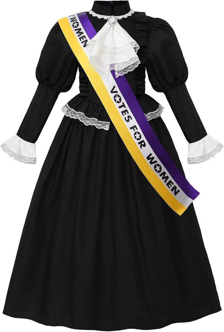 ReliBeauty Susan B Anthony Costume for Girls, Black Victorian Era Colonial Dress with Puff Sleeves & Sash, 140