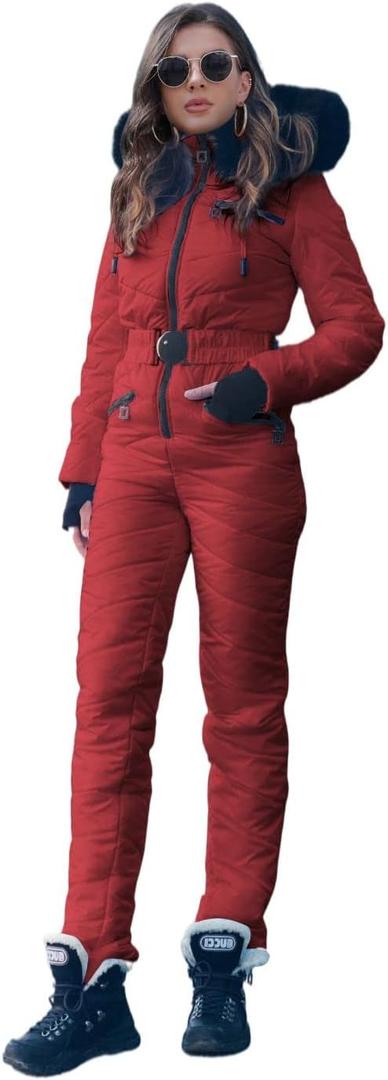 Yousify Womens Onesie Ski Suit Winter Outdoor Sports Waterproof Snowsuit Jumpsuits Jacket (Large, Z-Wine Red)