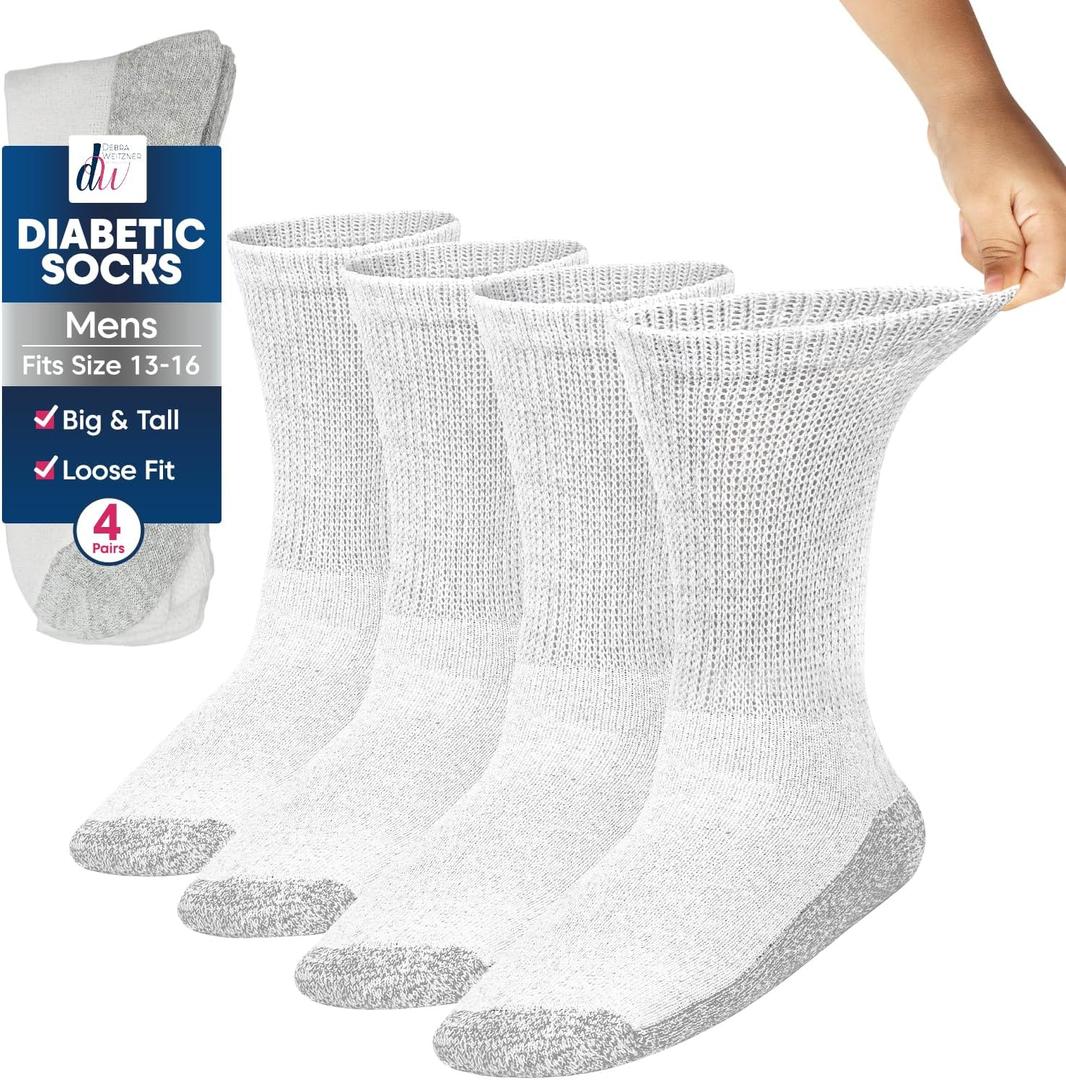 Debra Weitzner Big and Tall Diabetic Socks for Men Size 13-15 Wide Cotton Loose Fit Crew Socks Mens - 4 pairs (White /Grey)