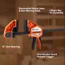 VANQUISH 12" One Hand Clamp/Spreader, 600Lbs Clamping Force, 3.4in. Throat Depth Heavy Duty Quick Release Bar Clamps, Tools & Equipment for Woodworking, Carpentry, Home Improvement, 3618