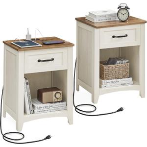 VASAGLE LIRY Collection - Farmhouse Nightstands with Charging Station, Set of 2 Bedside Tables, Side Tables with Drawer, Open Compartment, for Bedroom, Rustic White and Honey Brown ULET859K41