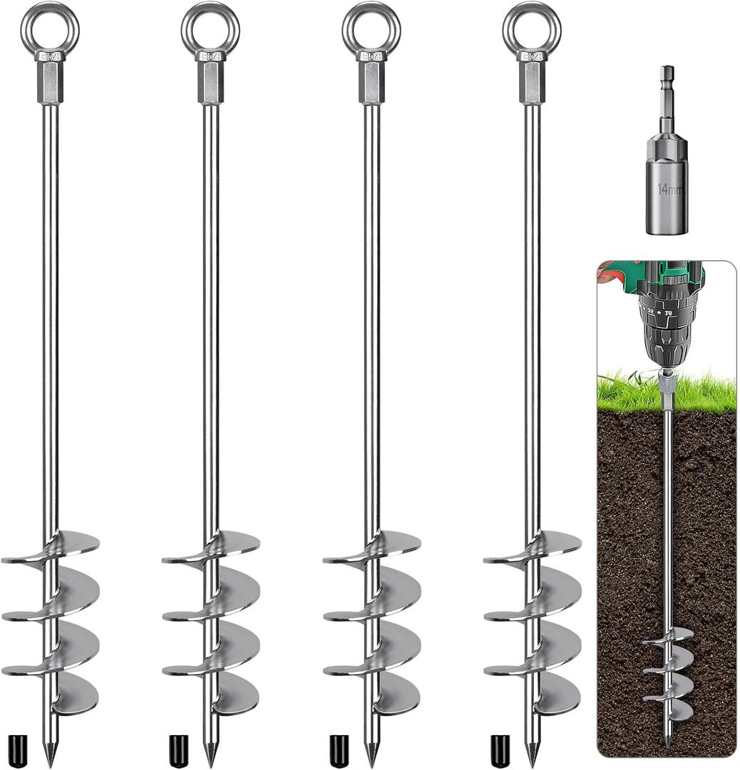4 Pack 24 Inch Ground Anchors Screw in Heavy Duty Earth Anchor Stakes Kits Carbon Steel High Wind Trampoline Anchor 30MM Blade Spiral Tent Anchors for Sheds, Swing Set, Carport, Canopy, Fixed Boat
