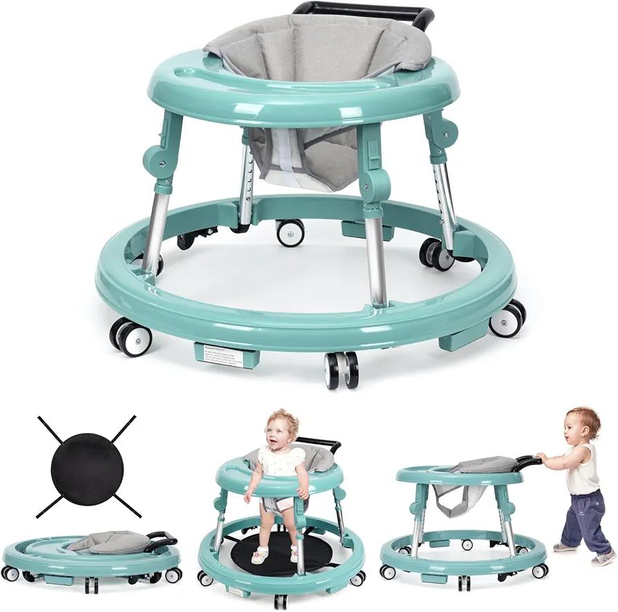 Wismind Baby Walker Foldable with 9 Adjustable Heights, Baby Walkers and Activity Center for Boys Girls Babies 6-12 Months, Baby Walker and Bouncer Combo with Wheels Portable Anti-Rollover