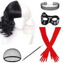 Black and White Synthetic Wig with Accessories of Long Red Gloves, Future Mask, Stick, Choker for Halloween Costume Women Set