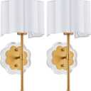 Modern Wall Sconce Set of 2, with Creamy-White Fabric Flower and Antique Brass Brush Paint Finish Shade for Vanity Stairway Fireplace Kitchen Living Room Bedside (Hardwire)