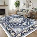 OPPODREAM Soft 8x10 Area Rugs for Living Room, Washable 8x10 Rugs for Bedroom with Non Slip Backing, Faux Cashmere Low-Pile 8 x 10 Carpet, Navy Blue & Gold