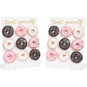 Donut Wall Display Stand Reusable Donut Holder Board Rustic Wood Doughnut Food Buffet Display for Wedding, Baby Shower, Bridal Shower, Birthday Party Treat Yourself Fits 9 Donuts (White Square 2 Pack)
