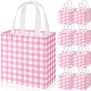 Sweetude 16 Pcs Pink White Checkered Gift Bags with Handles Gingham Pink and White Party Favors Non-Woven Reusable Tote for Women Wedding Birthday Baby Shower Mother's Day Party Decorations