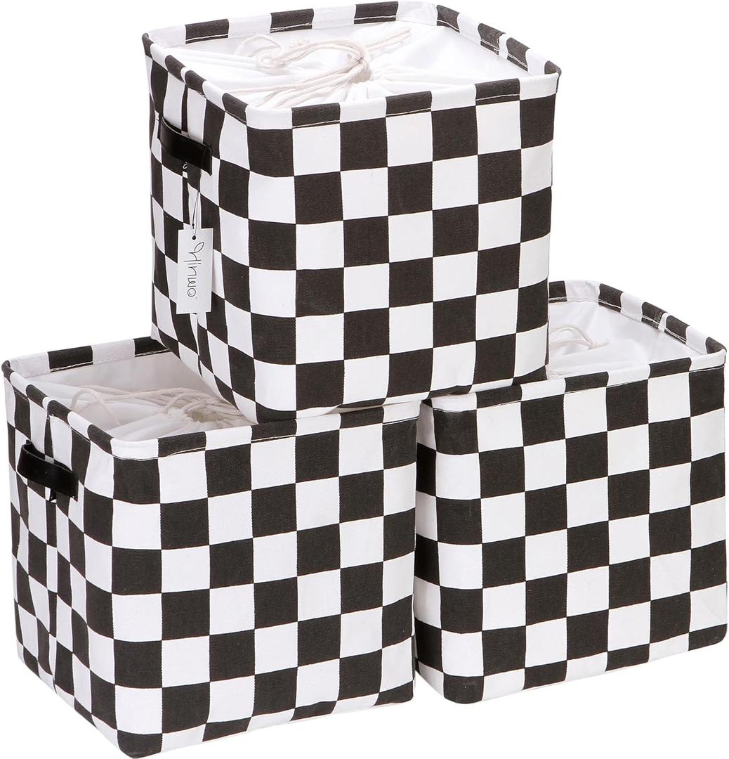 Hinwo 3-Pack Cubic Organizer Shelf Bins, Canvas Fabric Storage Baskets with Handles, 22L/5.8-Gal Square Storage Bins, Cubes, Collapsible Storage Box, 11 x 11 x 11 Inches (S, Black Checkerboard)
