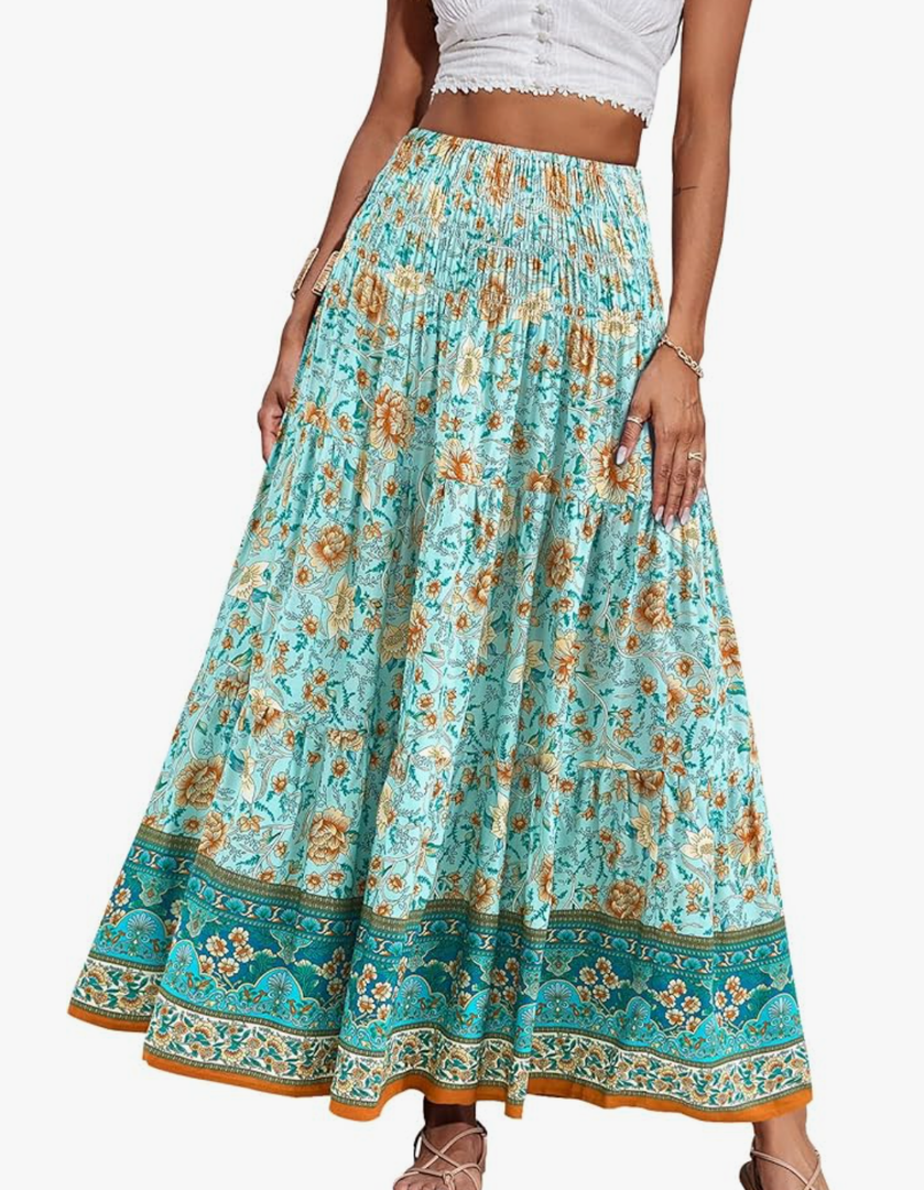CFLONGE Women's 2025 Bohemian Long Skirts Flowy High Waist A Line Maxi Skirts for Women Summer Pleated Mini Skirts, XL