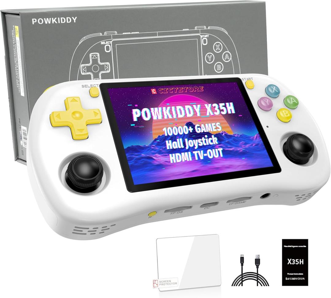 Powkiddy X35H Retro Handheld Game Console, - 10,000+ Games, 3.5" IPS, HDMI TV-Out, 4-6 Hour Playtime, Hall Joysticks, 64GB+ Dual Slots (White)