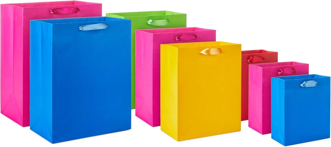 Hallmark Assorted Gift Bags (8 Bags: 3 Small 6", 3 Medium 9", 2 Large 13") Solid Pink, Blue, Green, Yellow, Red