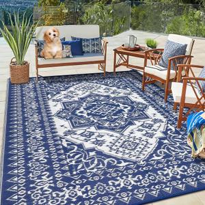 GlowSol Waterproof Outdoor Rug 10x14 Reversible Plastic Woven Straw Mat Portable Vintage Floral Design - Perfect for Camping, RVs, Patios, Backyards, Decks, Picnics, and Beach Use, Navy