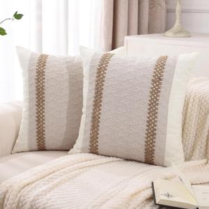 Tosleo Set of 2 Khaki Boho Decorative Pillow Covers 18x18 Inch Farmhouse Rustic Couch Throw Pillows Modern Spring Cotton Cushion Covers Retro Cute Macrame Woven Home Decor for Bed Sofa Chair (Khaki Double Stripe)