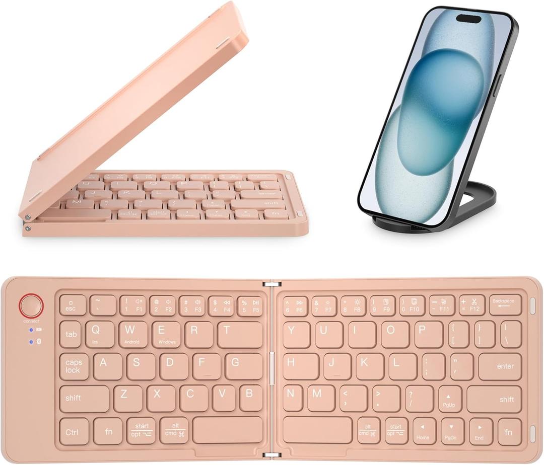 JPHTEK Mini Foldable Bluetooth Keyboard - Portable Wireless Full Size Keyboard (Sync Up to 3 Devices), Ultra-Slim Aluminum Travel Folding Keyboards for iPhone iPad Mac Android Windows iOS (Pink)