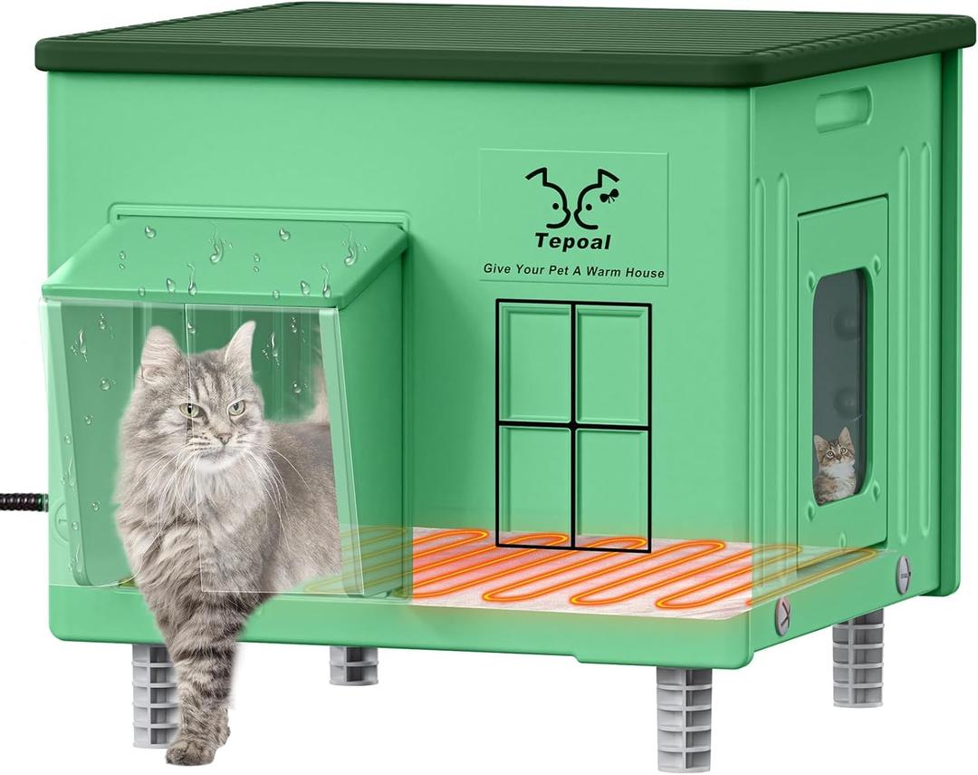 Indestructible Heated Cat House for Outside - Extramely Waterproof & Weatherproof Heated Outdoor Cat House with Escape Door for Winter, Insulated Feral Cat Shelter for Barns Strays, 17.7x17x17.5 in