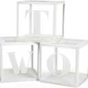 Two Birthday Decorations For Boy Girl, 3 Pcs TWO Balloon Boxes For 2nd Birthday, Baby Clear Blocks Party Decor With Letters For Photoshoot Props(Hollowed-out Wavy Edge)