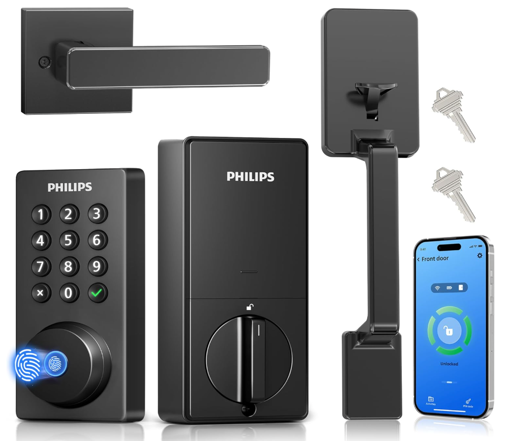 Philips Wi-Fi Smart Door Lock with Handle Set, Keypad Deadbolt for Front Door, Fingerprint Keyless Entry Door Lock with App Remote Control, IP53 Waterproof, Auto Lock, Security Easy Installation