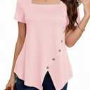 BKHOLL Women's Square Neck Short Sleeve Blouse Loose Fit Stretchy Casual Top Soft Breathable Vacation Shirt for Summer Xl