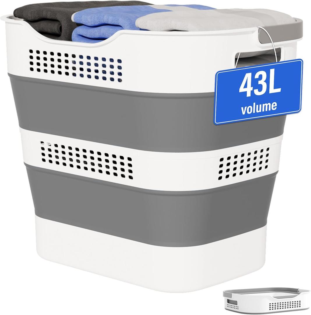 43L(11.5Gallon) Collapsible Laundry Basket with Handles, Foldable Laundry Basket Plastc,Pop Up Tall Storage Container/Organizer/Clothes Hamper for Laundry (Grey,1 Pack)