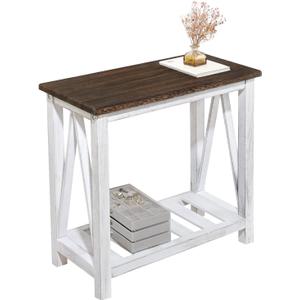 Farmhouse End Table Narrow Side Table Living Room Slim End Tables with Storage Shelf 2 Tier Nightstand for Bedroom Hallway Dormitory, Rustic Brown and White