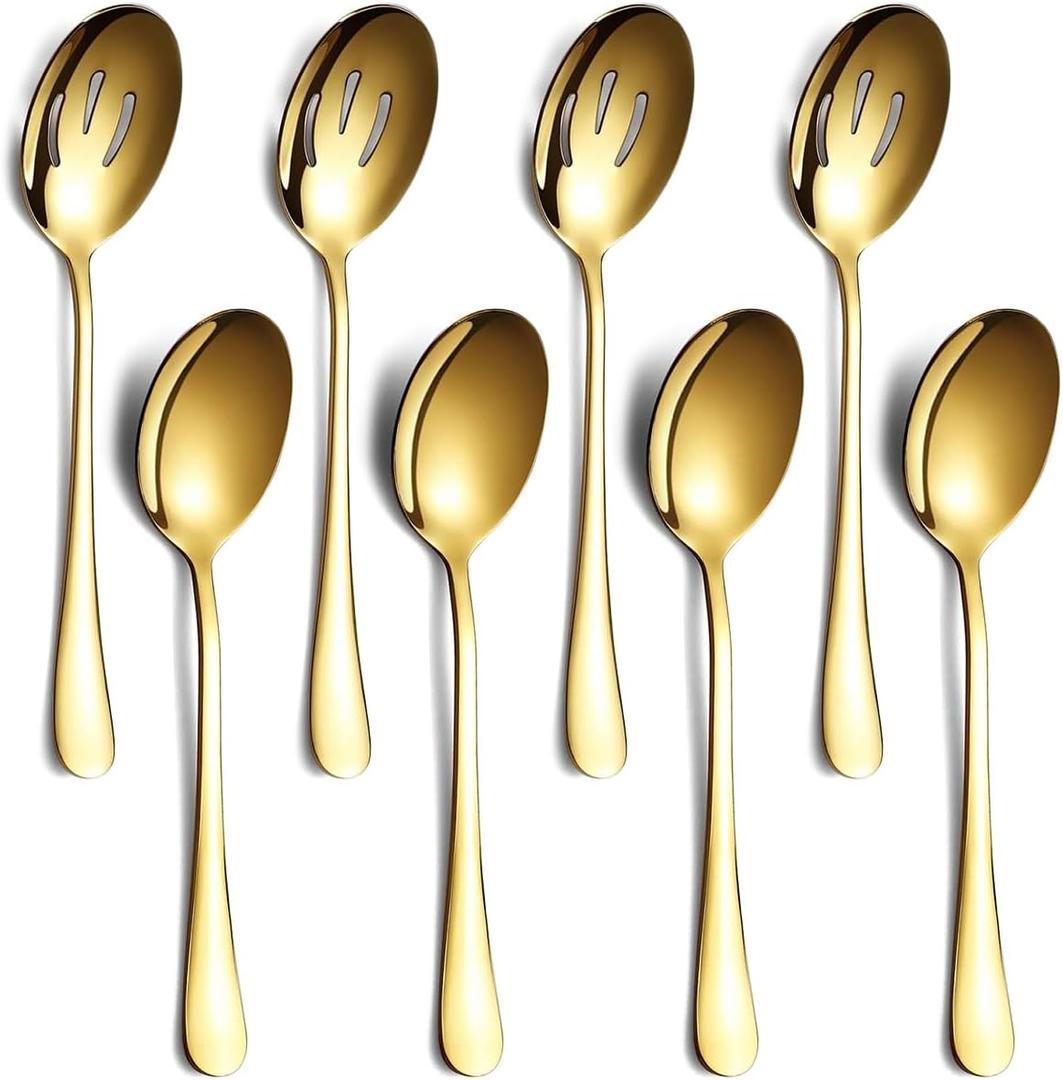 Gold Serving Spoons 8 Pieces, ReaNea Stainless Steel Serving Utensils Set inclunde 4 Serving Spoon 4 Serving Slotted Spoons, Dishwasher Safe
