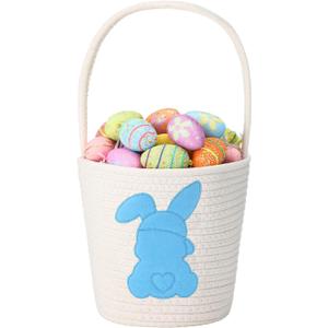Cute Easter Basket with Handle Empty Bunny Basket Large Woven Cotton Rope Gifts Buckets for Egg Hunts Baby's First Easter Baskets Gifts(Blue)