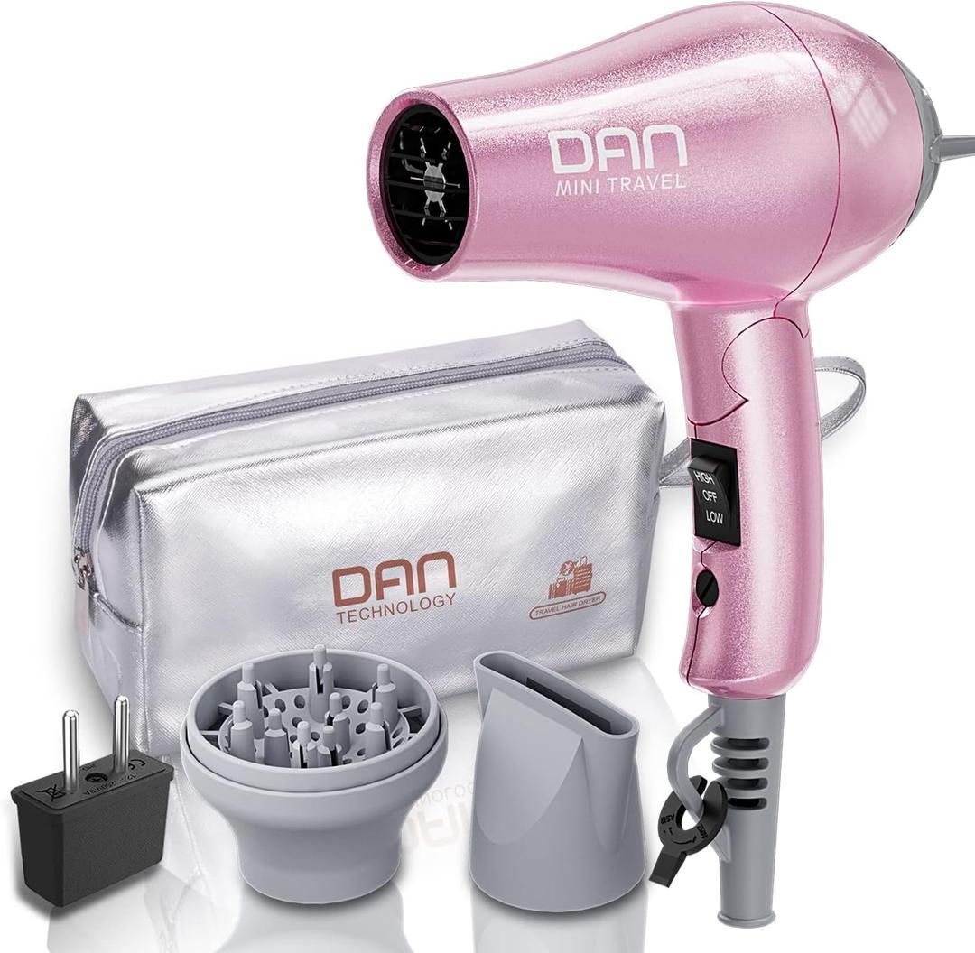 DAN Technology Travel Hair Dryer,Dual Voltage HairDryer,Mini Blow Dryer with Concentrator,Small Hair Dryer with Diffuser,European hairdryer with European Plug,Pink Blow Dryer for Women