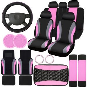 Fabbay 21 Pcs Car Seat Covers Full Set Car Floor Mats Steering Wheel Cover Armrest Seat Belt Pad Seatbelt Cup Mats Emblem Ring Sticker for Sedans Trucks SUV(Black, Pink)
