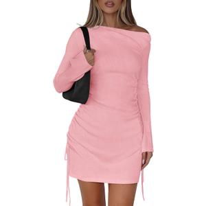 PRETTYGARDEN Long Sleeve Dress for Women 2026 Fall Off The Shoulder Cocktail Party Spring Mini Ruched Bodycon Dresses(Pink,Small) (Pink, S)