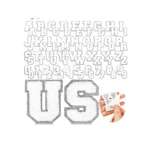 Jutom 72 Pcs Chenille Letter Patches Iron on Letter Number Patches Self Adhesive Chenille Embroidered Decals for Clothing (White with Silver Edge)