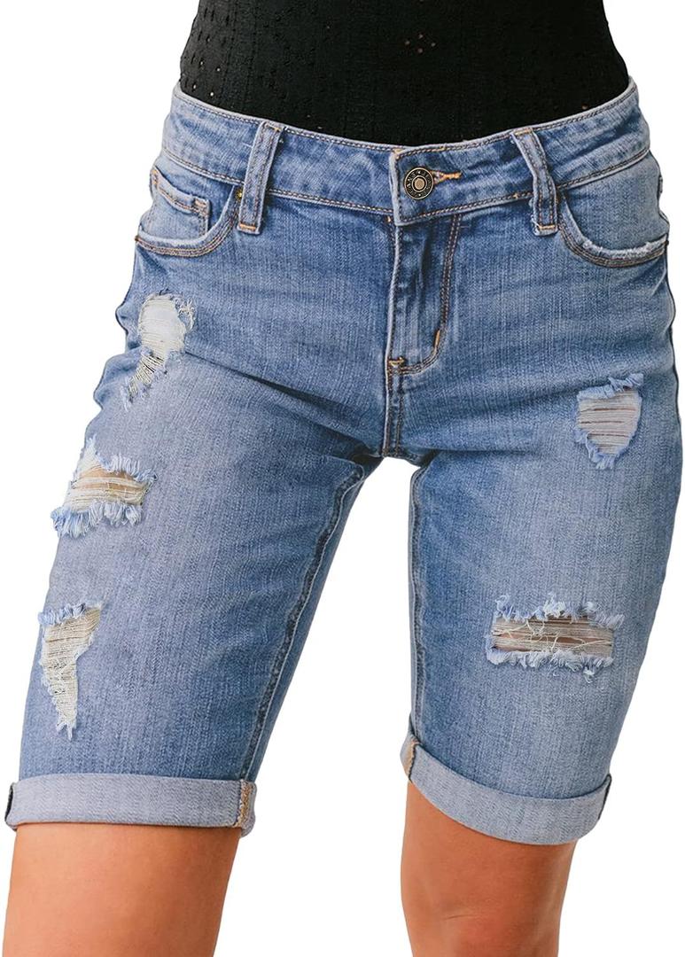 luvamia Women High Waisted Stretch Bermuda Shorts Ripped Rolled Hem Jean Shorts (Large, A Washed Blue)