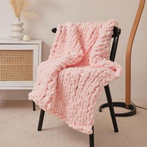 Luxury Chunky Knit Blanket Throw, Handmade Thick Chenille Yarn Throw 40"x40", Blush Pink Cable Knit Crochet Blanket, Decorative Cozy and Soft Crochet Throw Blanket for Couch Home Decor